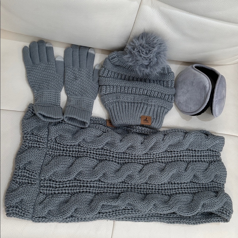 Cable Knit Winter Accessories Bundle with Pom Beanie